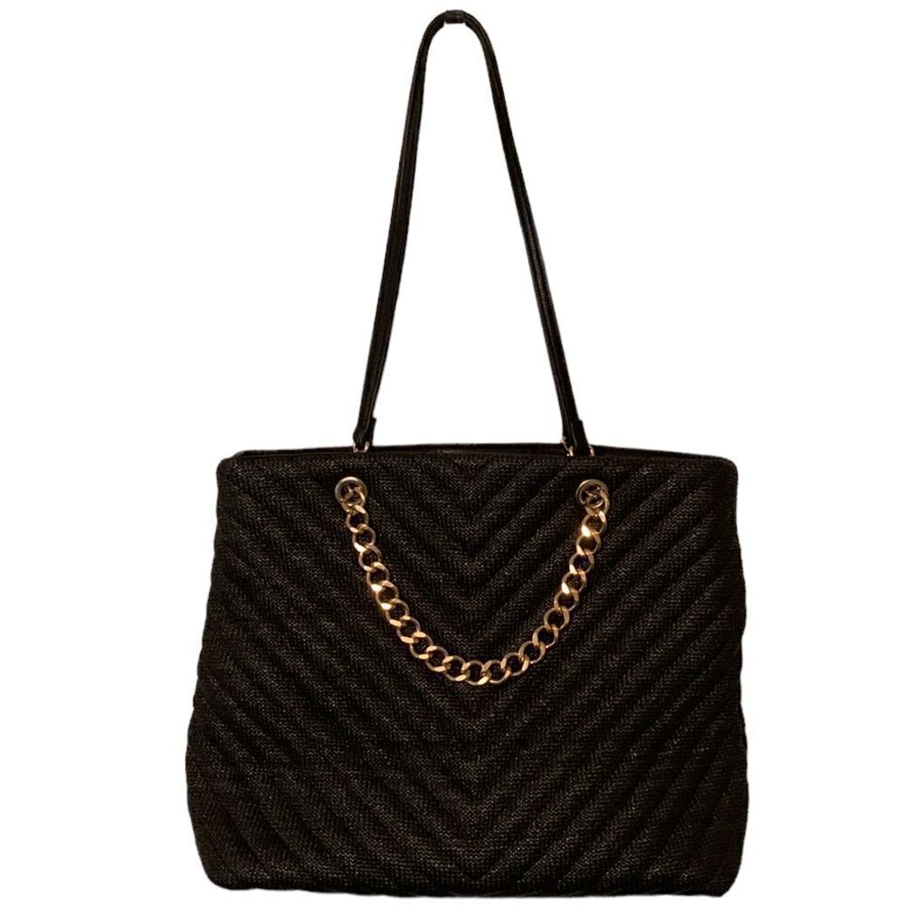 Pinkstix Soft Black Straw Look Woven Shoulder Bag with Gold Chain Vegan Leather